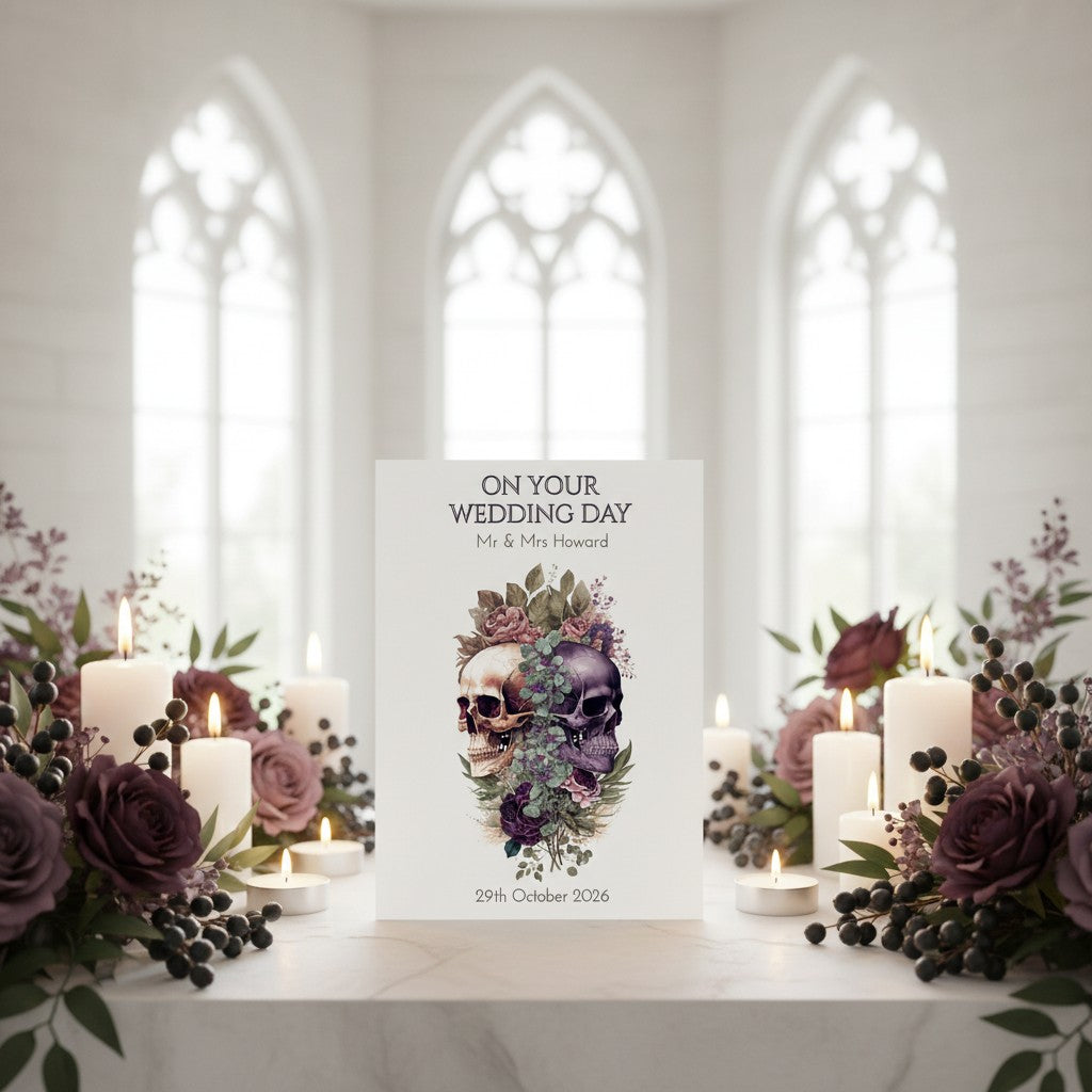 Decorative wedding card with floral skull design in a church setting