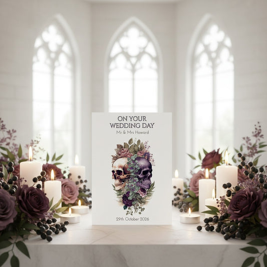 Decorative wedding card with floral skull design in a church setting