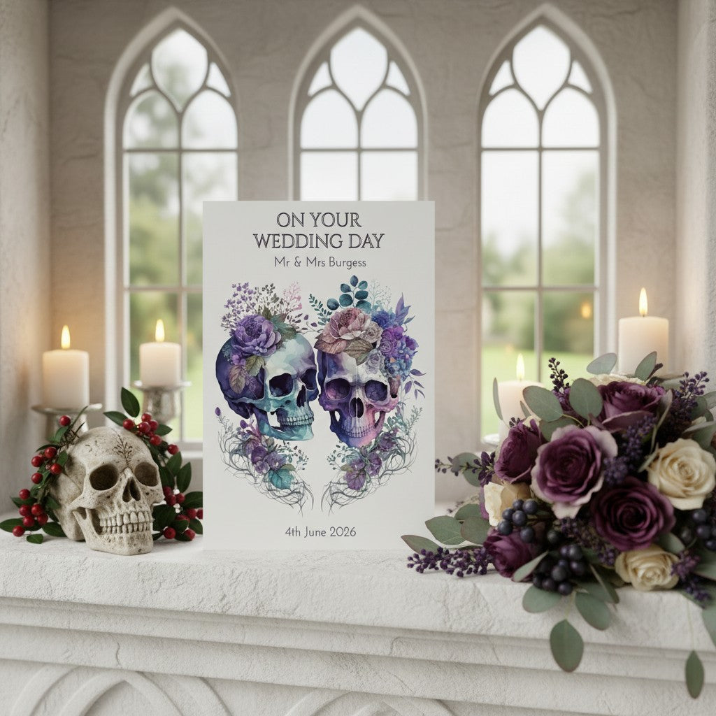 Decorative wedding card with skulls and flowers on a mantelpiece with candles and flowers.