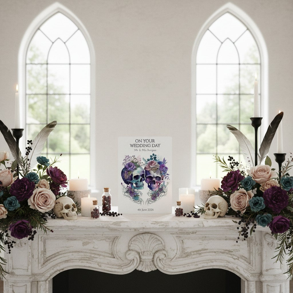 Decorative wedding card with flowers, candles, and a skull on a mantelpiece in front of stained glass windows.