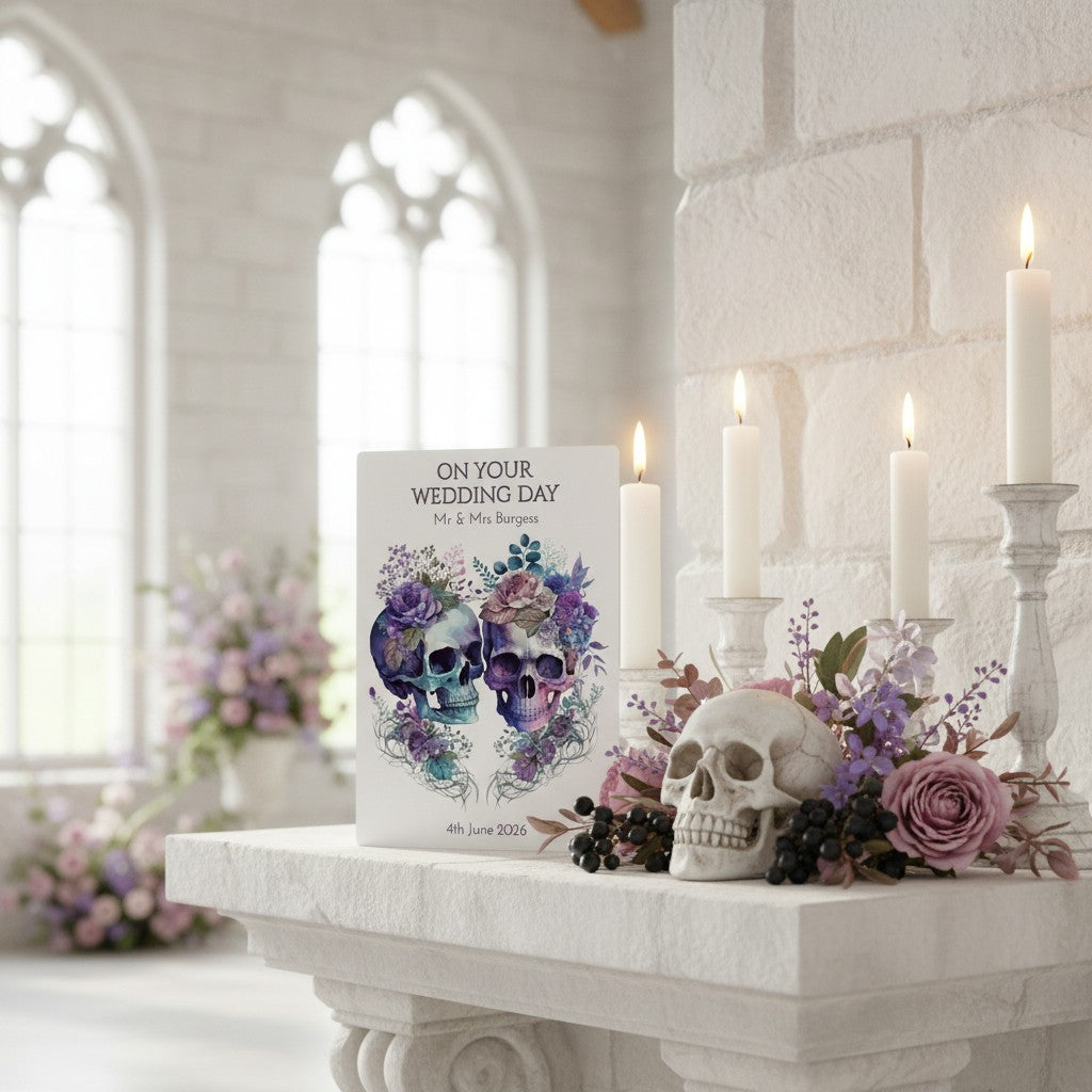 Decorative wedding card with skull and floral design on a marble surface in a white room with candles and flowers.
