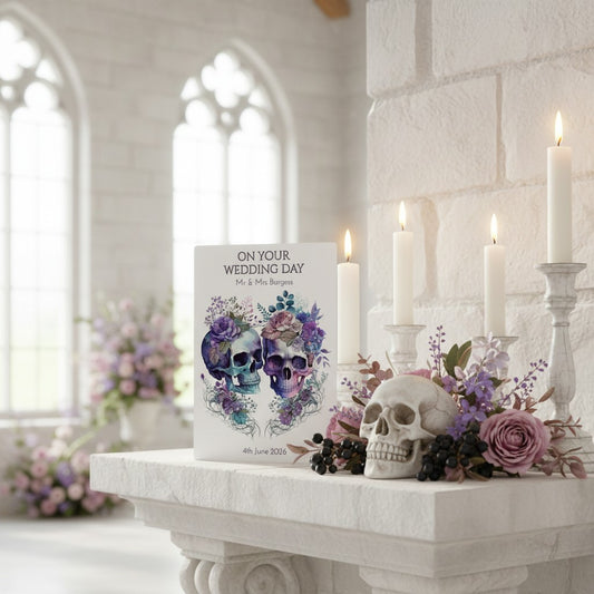 Decorative wedding card with skull and floral design on a marble surface in a white room with candles and flowers.