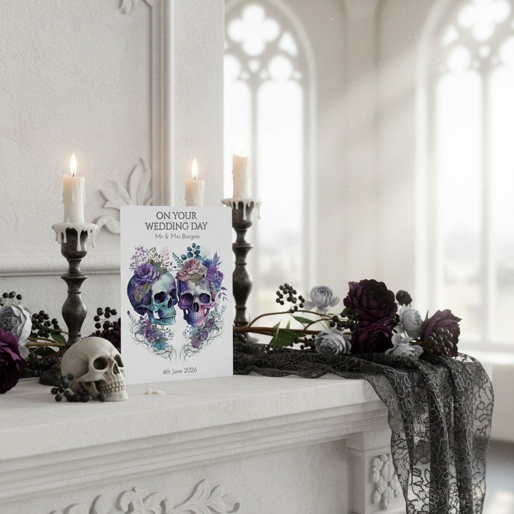 Decorative skull and floral design on a wedding card with candles and flowers on a mantelpiece.
