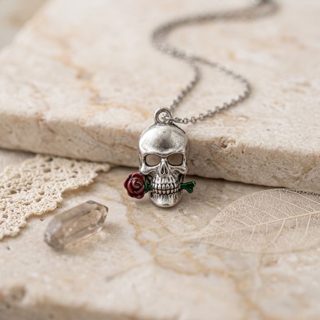 A silver skull pendant necklace holding a small red rose, displayed on a textured beige stone slab with lace and a clear crystal.