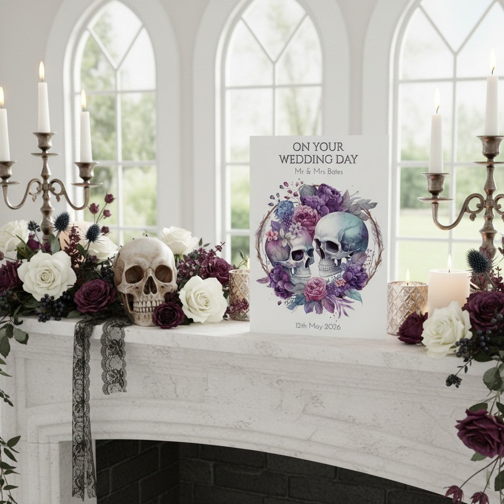 Decorative skull and floral design on a wedding card with candles and flowers in a room with arched windows.