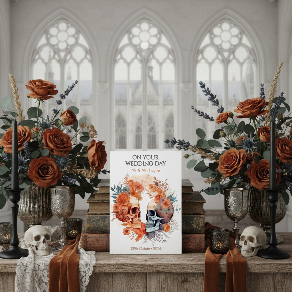 Decorative table setting with floral arrangements, candles, and a 'On Your Wedding Day' card in a gothic-style room.