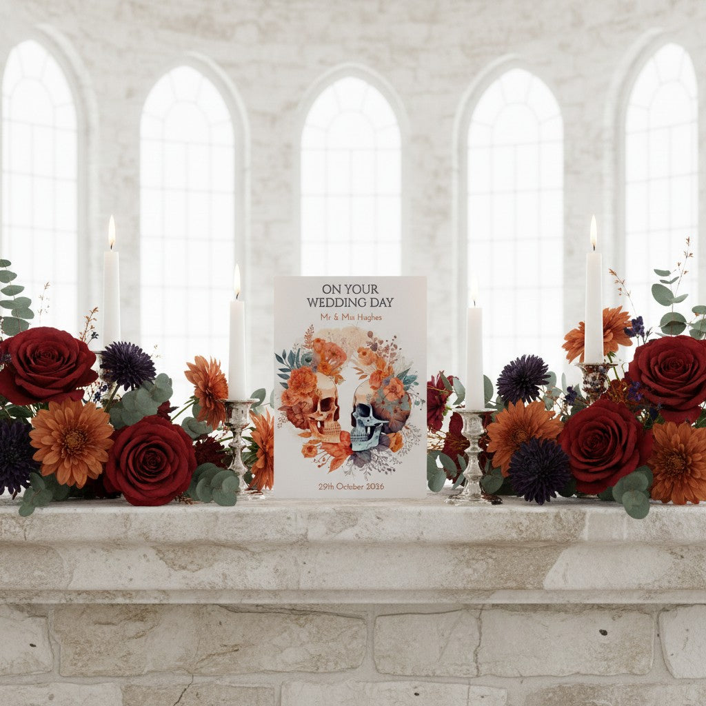Decorative floral arrangement with a skull wedding card on a marble ledge in a church setting.