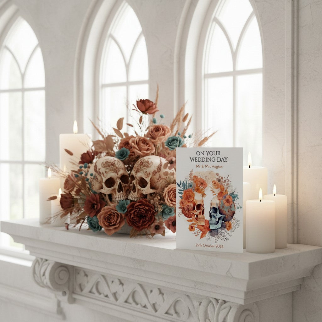 Decorative skull and floral arrangement with candles on a mantelpiece in a bright room.