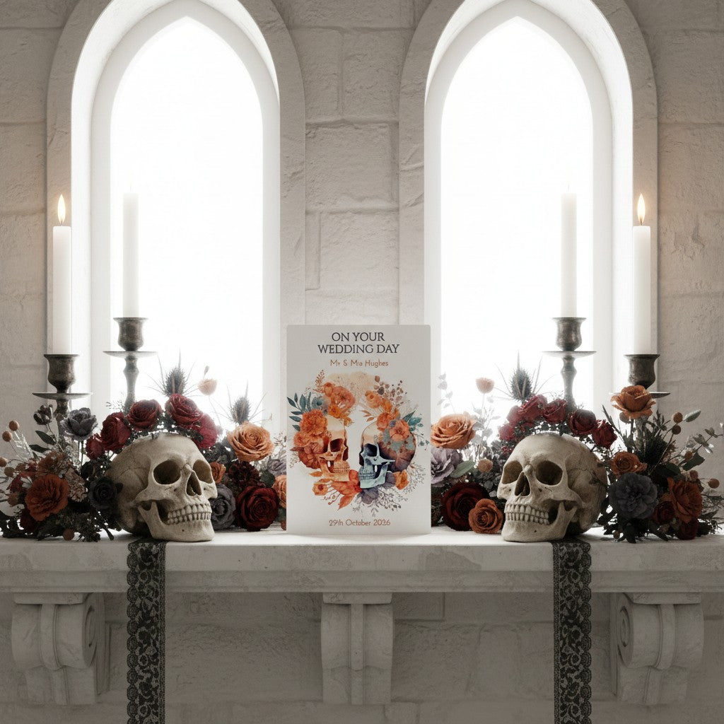 Decorative wedding card titled 'On Your Wedding Day' with skulls and flowers on a marble surface.