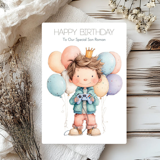 Birthday card with a child holding balloons and a crown, surrounded by decorative elements.