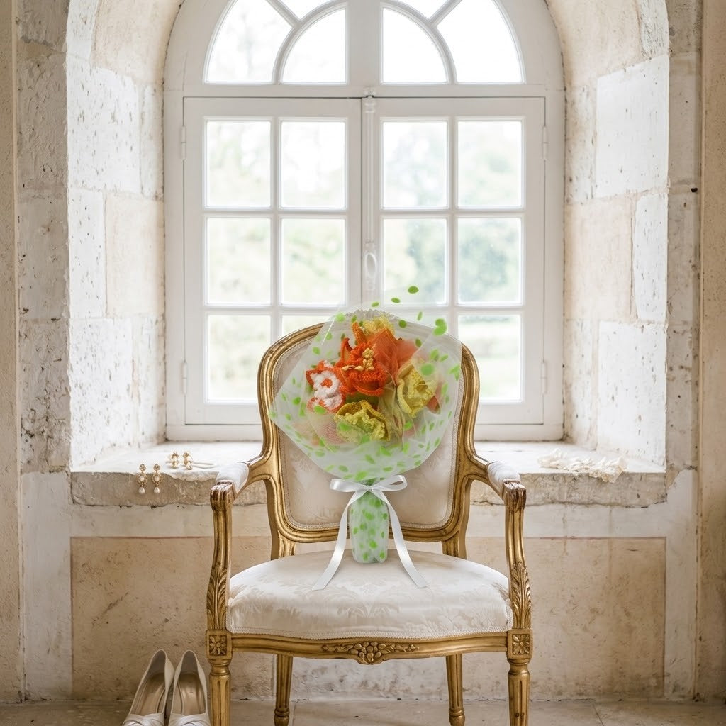 A wrapped bouquet of orange, yellow, and white flowers sits on an ornate gold armchair in front of a large white arched window. The chair has cream upholstery, and a pair of beige high heels rests on the floor at the bottom left.