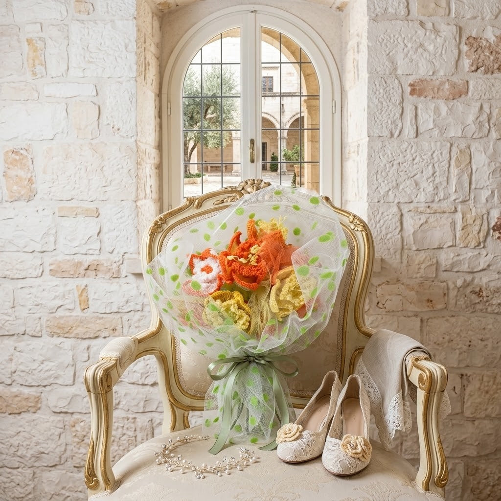 A bouquet of orange, yellow, and white flowers wrapped in sheer green polka-dot tulle sits on an ornate gold-framed chair. A matching cream bridal shoe with a floral embellishment and a pearl necklace are placed beside it on the chair, with a stone wall and arched window in the background.