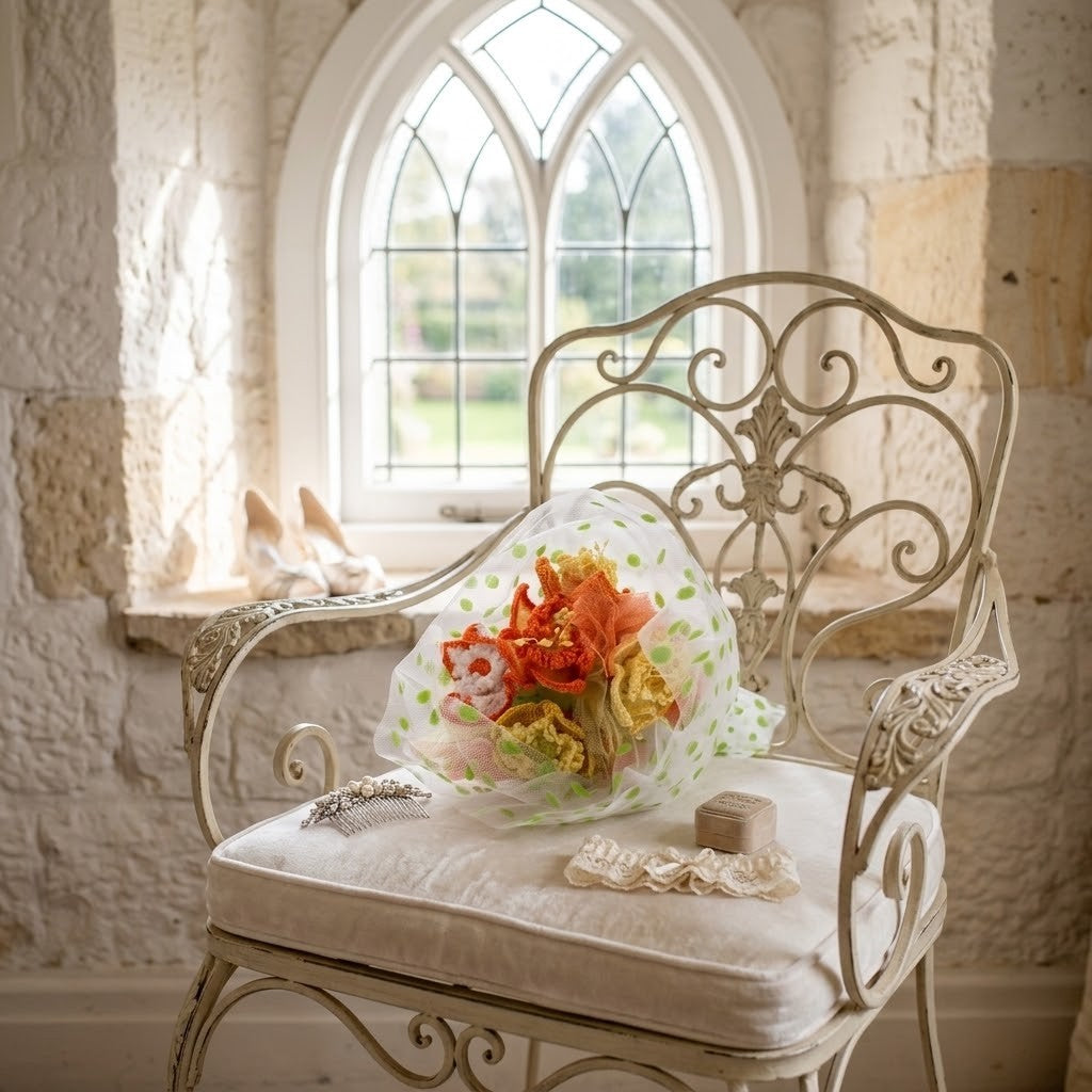 A bouquet of orange, yellow, and pink flowers wrapped in sheer green polka-dot tulle sits on the cushion of an ornate cream-coloured metal chair in a stone room with a large arched window behind it.