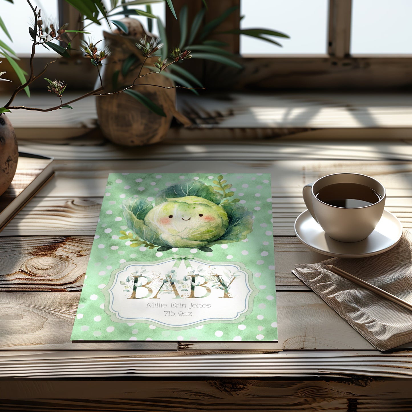 Personalised New Baby Greeting Card with Homegrown Cabbage A5