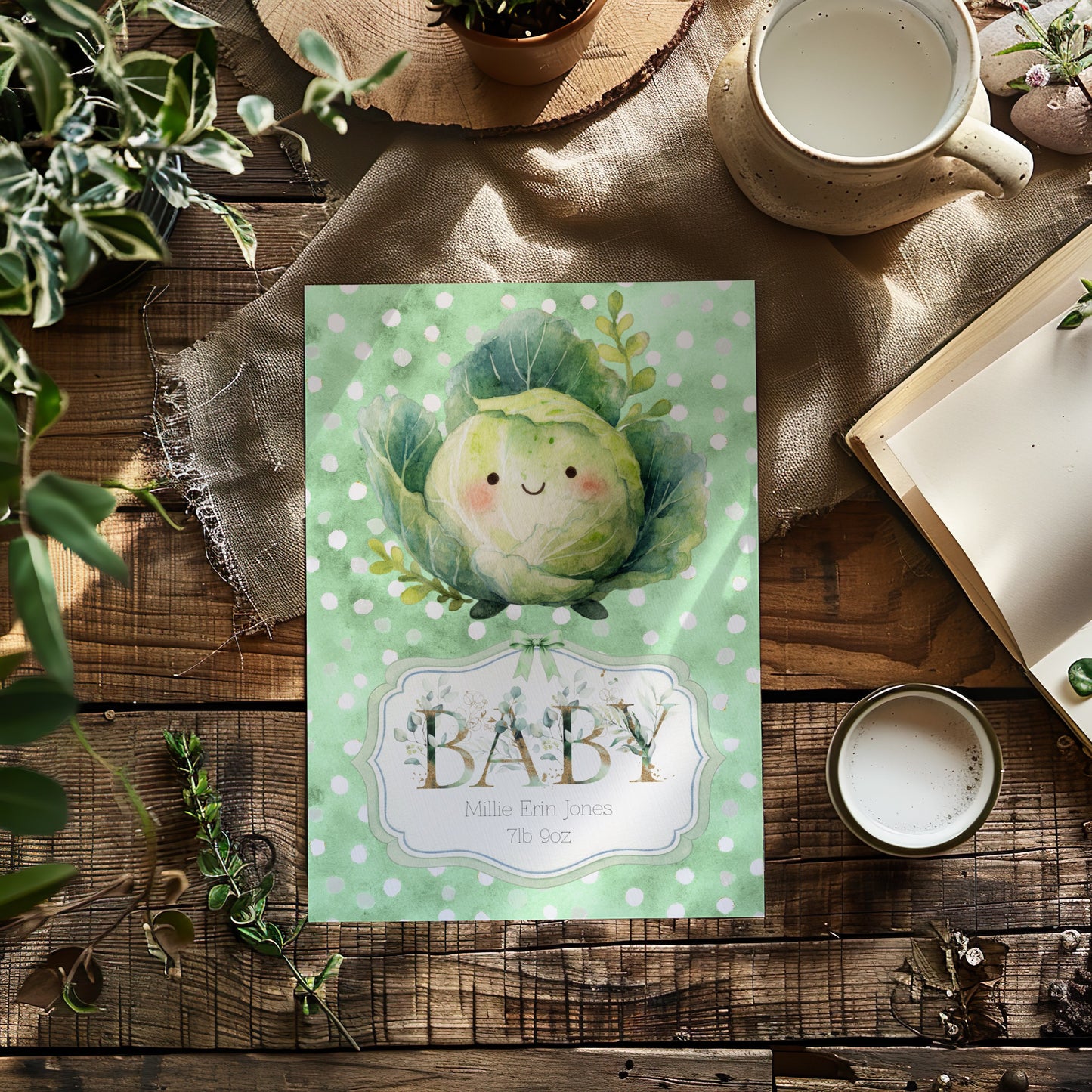 Personalised New Baby Greeting Card with Homegrown Cabbage A5
