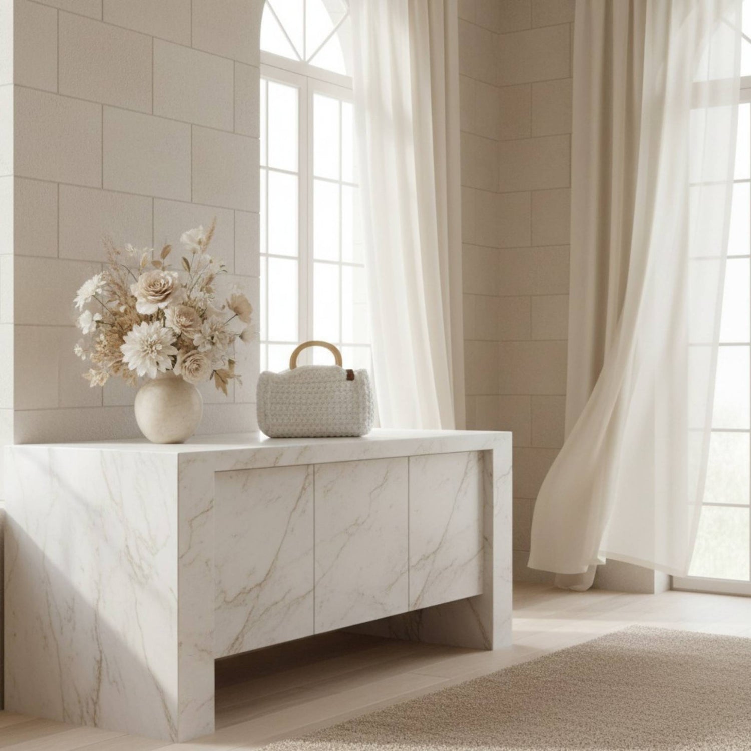 White crochet handbag on a sideboard with flowers and white arched windows.