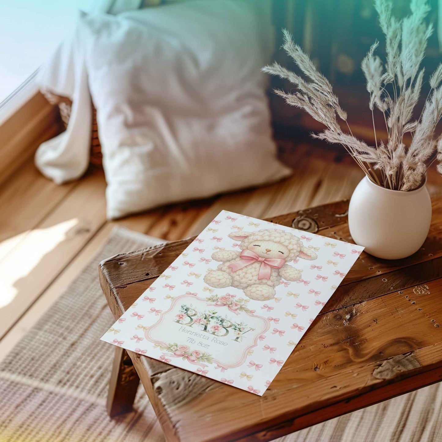 A baby card featuring a cute lamb illustration and 'BABY SHOWER' text, styled on a rustic wooden table next to a vase of dried grass with a soft-focus background of a pillow and window.
