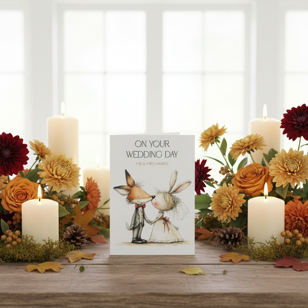 Wedding card with fox and rabbit illustration surrounded by candles and flowers on a wooden surface.
