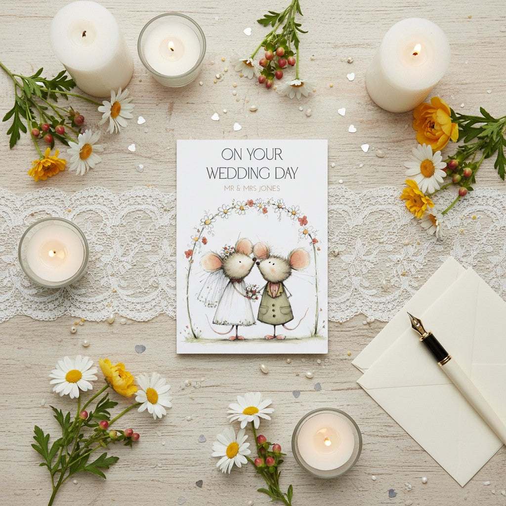 Wedding card with candles and flowers on a wooden surface