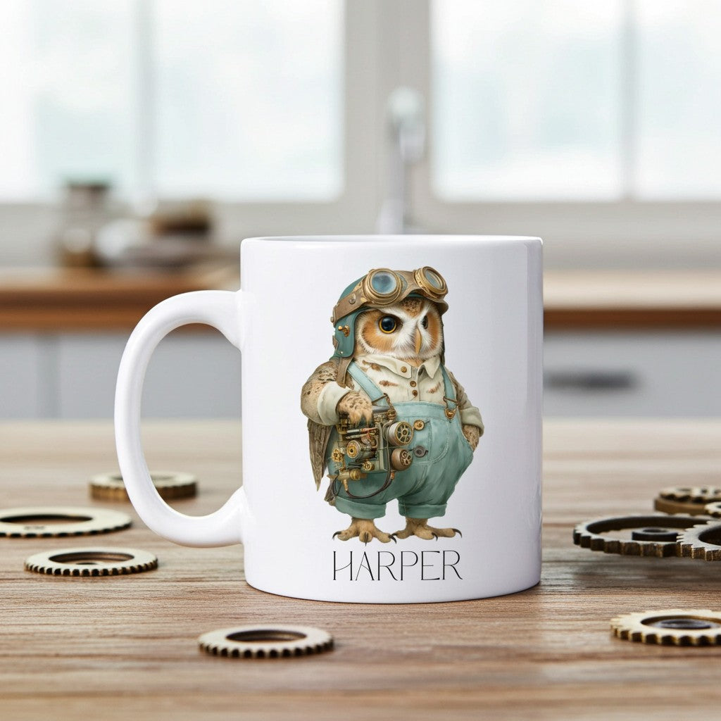 White mug with a steampunk owl design on a wooden surface with gears.