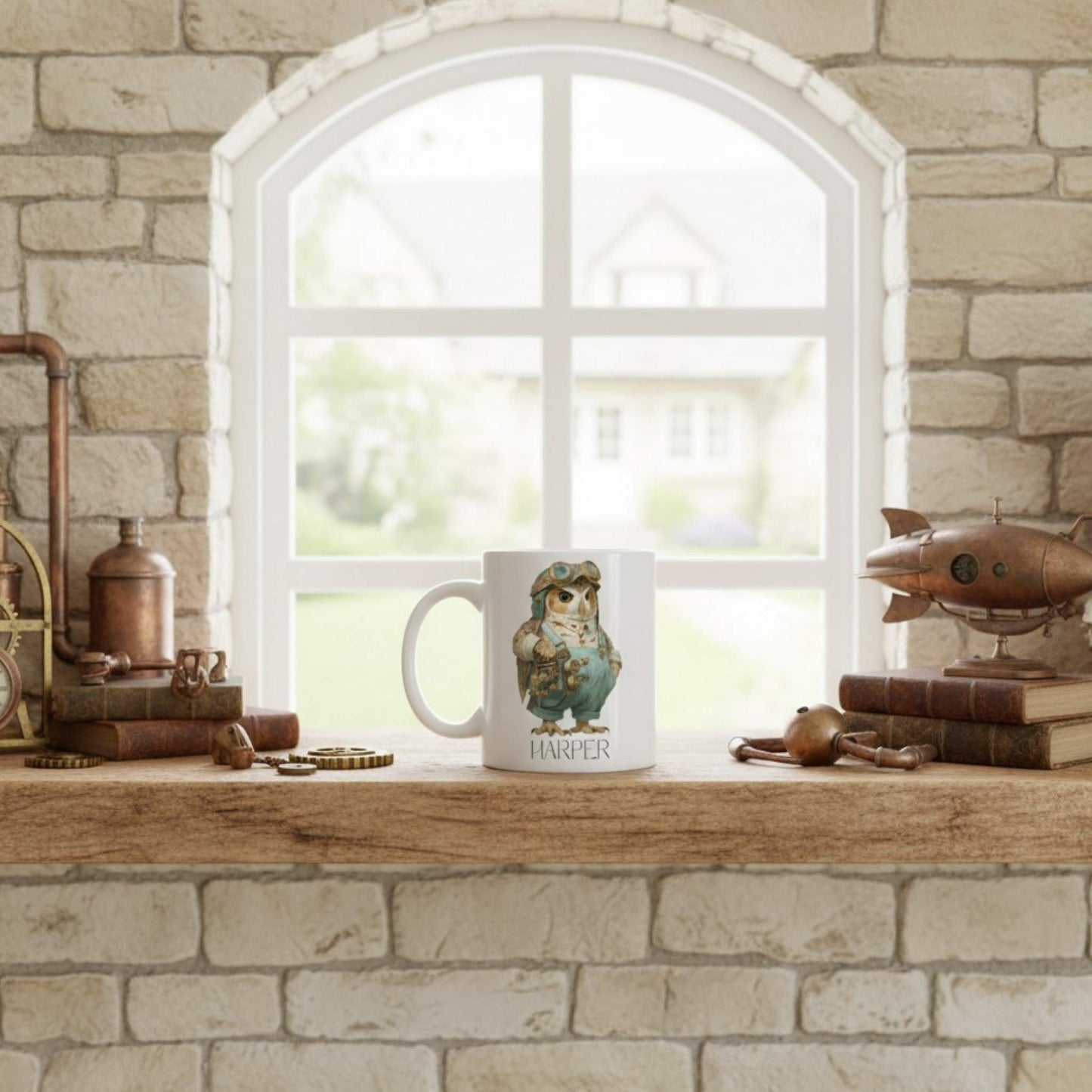 Mug with owl design on a wooden shelf in front of a stone wall and window.