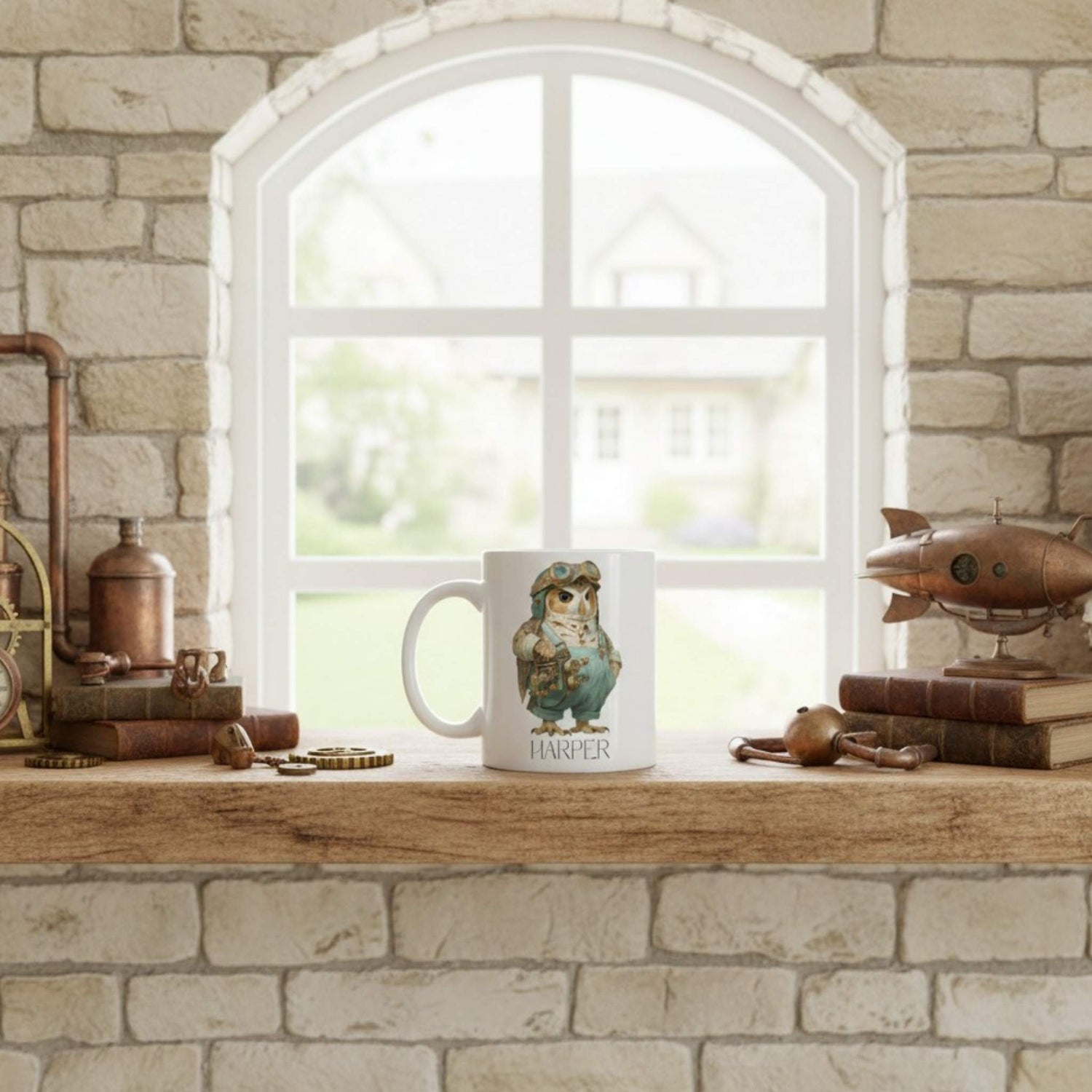 Mug with owl design on a wooden shelf in front of a stone wall and window.