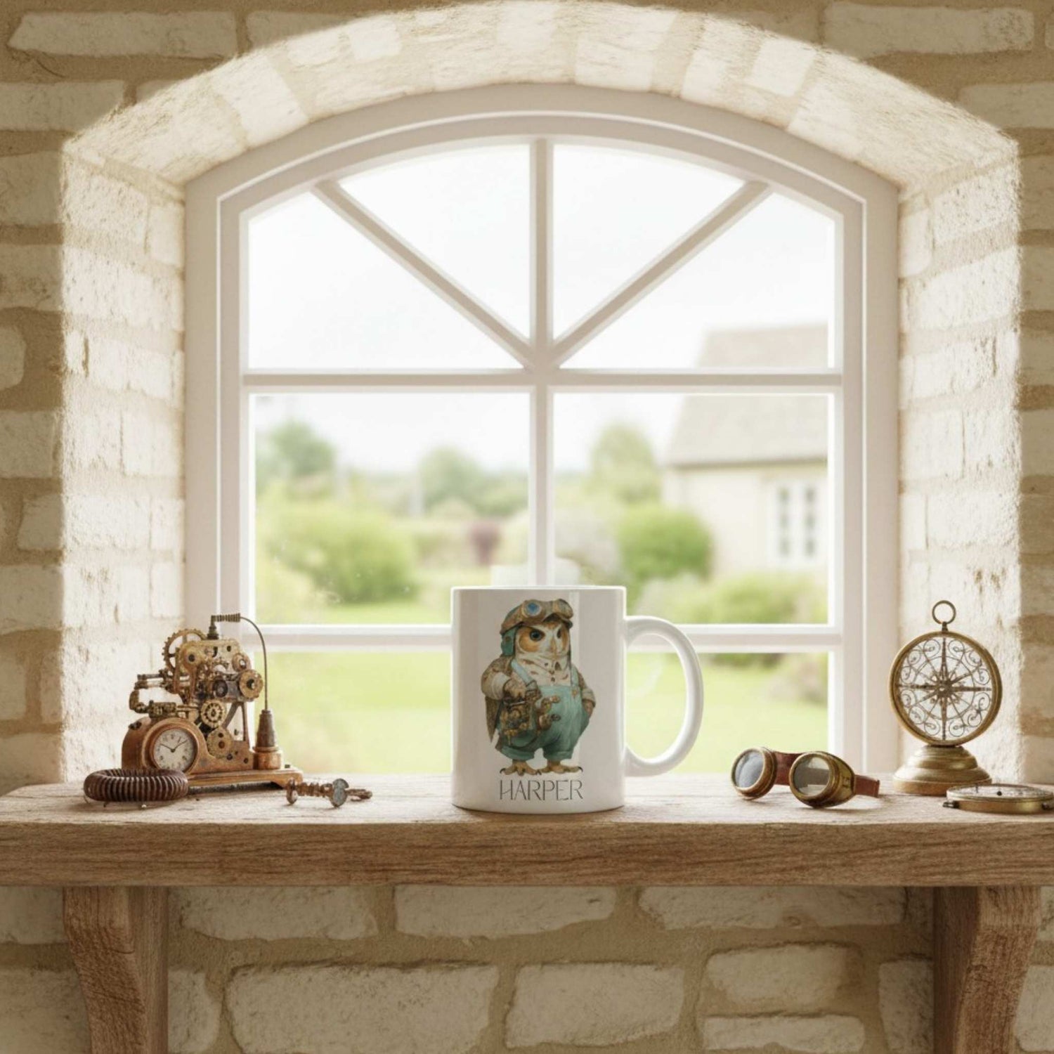 Mug with a character design on a wooden table in front of a window with stone walls.