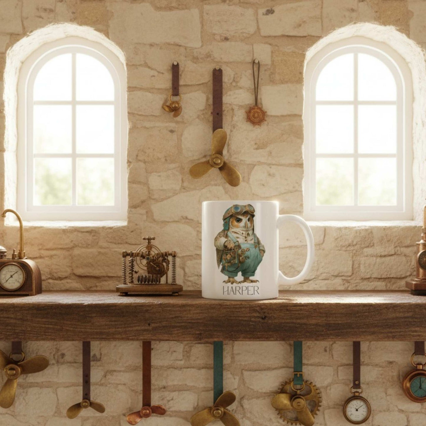 Mug with owl design on a wooden shelf against a stone wall with windows.