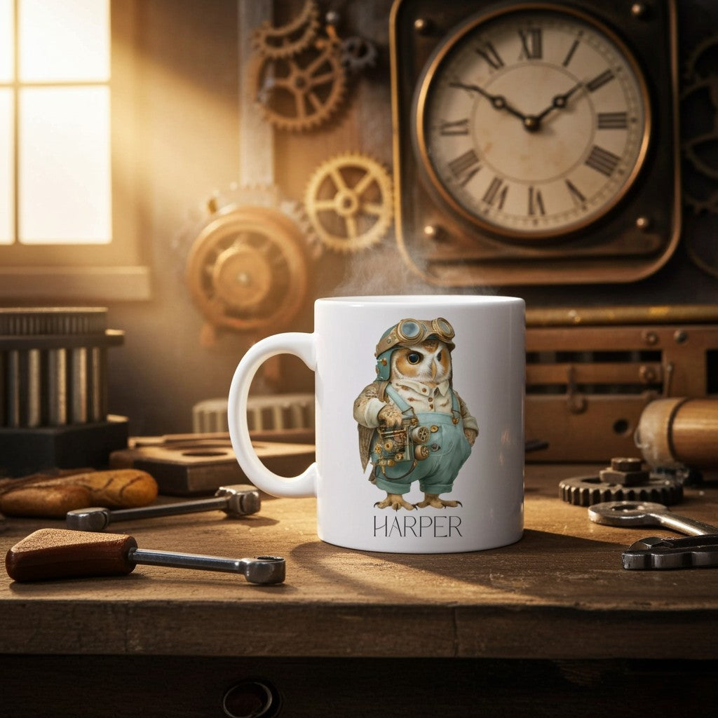 Mug with a steampunk owl design on a wooden table with gears and a clock in the background
