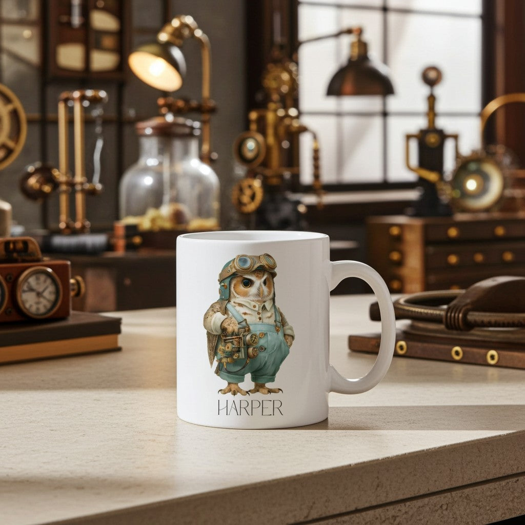 White mug with a steampunk owl design on a wooden surface with vintage decor.