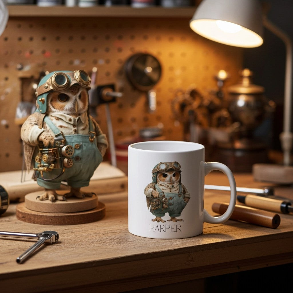 White mug with owl design and 'Harper' text on a wooden table with workshop background