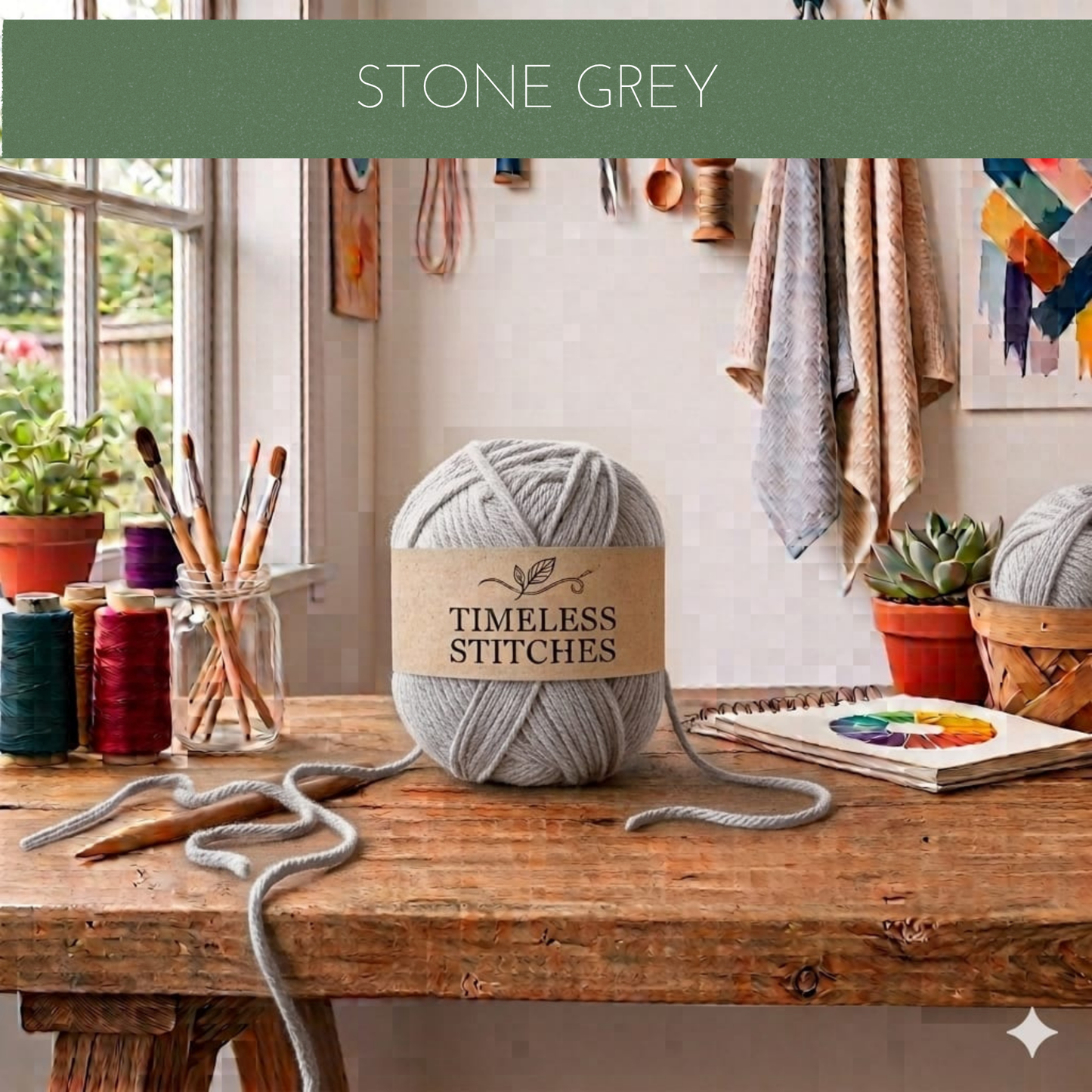 A ball of stone grey yarn sits on a rustic wooden table in a cosy craft room setting, with knitting needles, paintbrushes, and other yarn spools nearby. A green banner at the top reads 'STONE GREY'.
