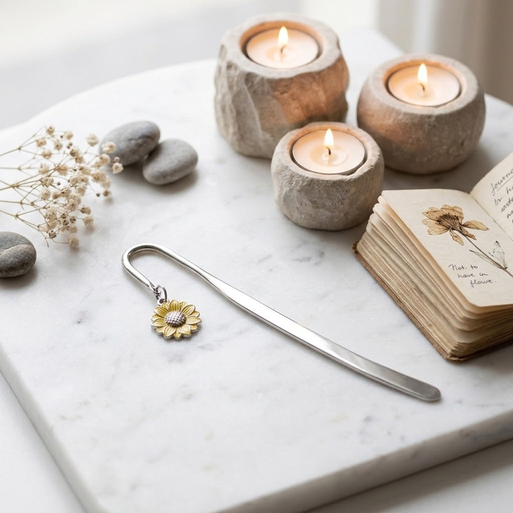 A silver metal bookmark shaped like a daisy with a gold-toned centre, resting on a white marble tray alongside candles, small stones, dried flowers, and an open book.