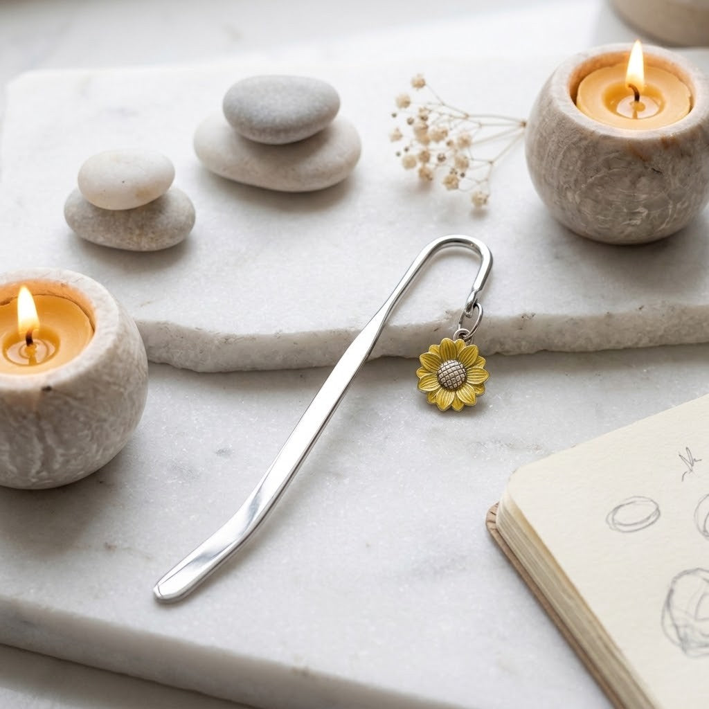 A silver metal bookmark shaped like a stylus with a small yellow flower charm, displayed on a white marble tray alongside candles, stones, dried flowers, and an open sketchbook.