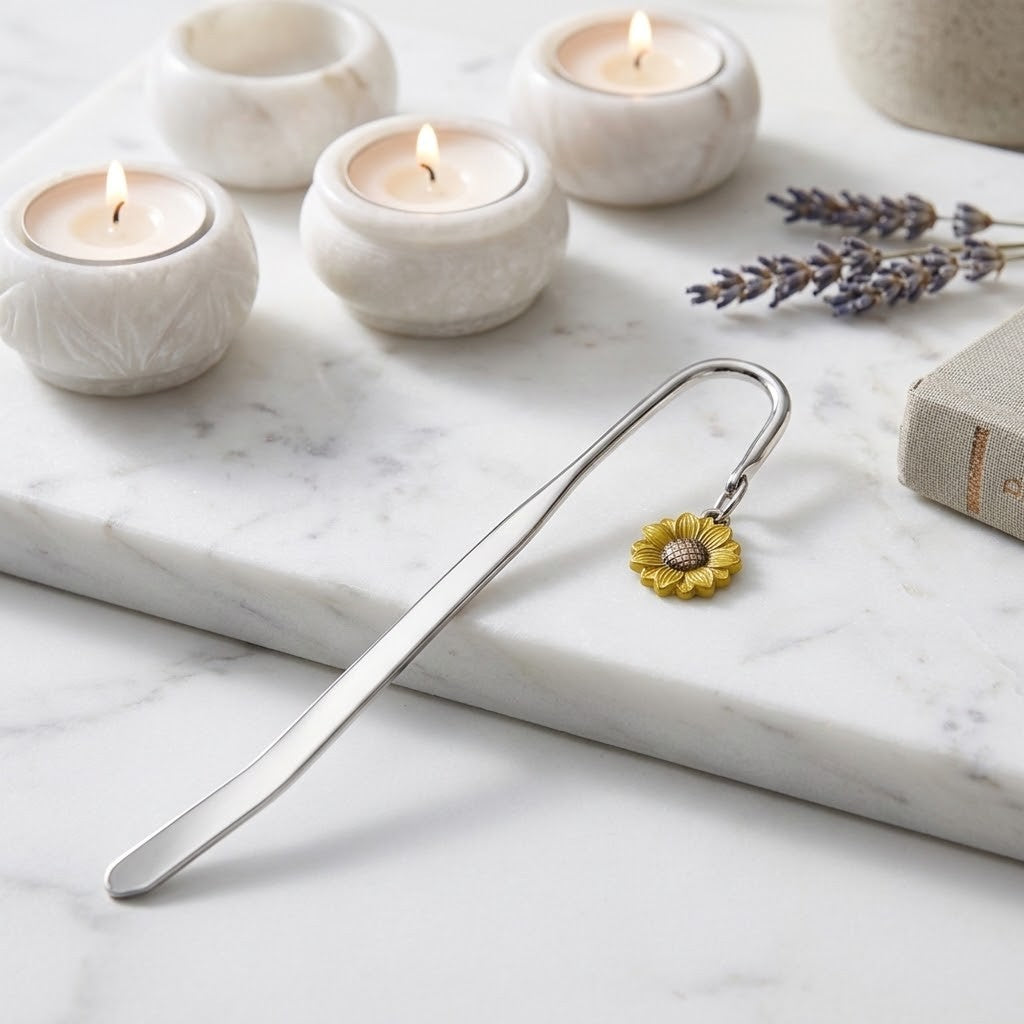 A silver metal bookmark shaped like a stylus with a small yellow flower charm, resting on a white marble tray beside lit candle holders, lavender sprigs, and a book.