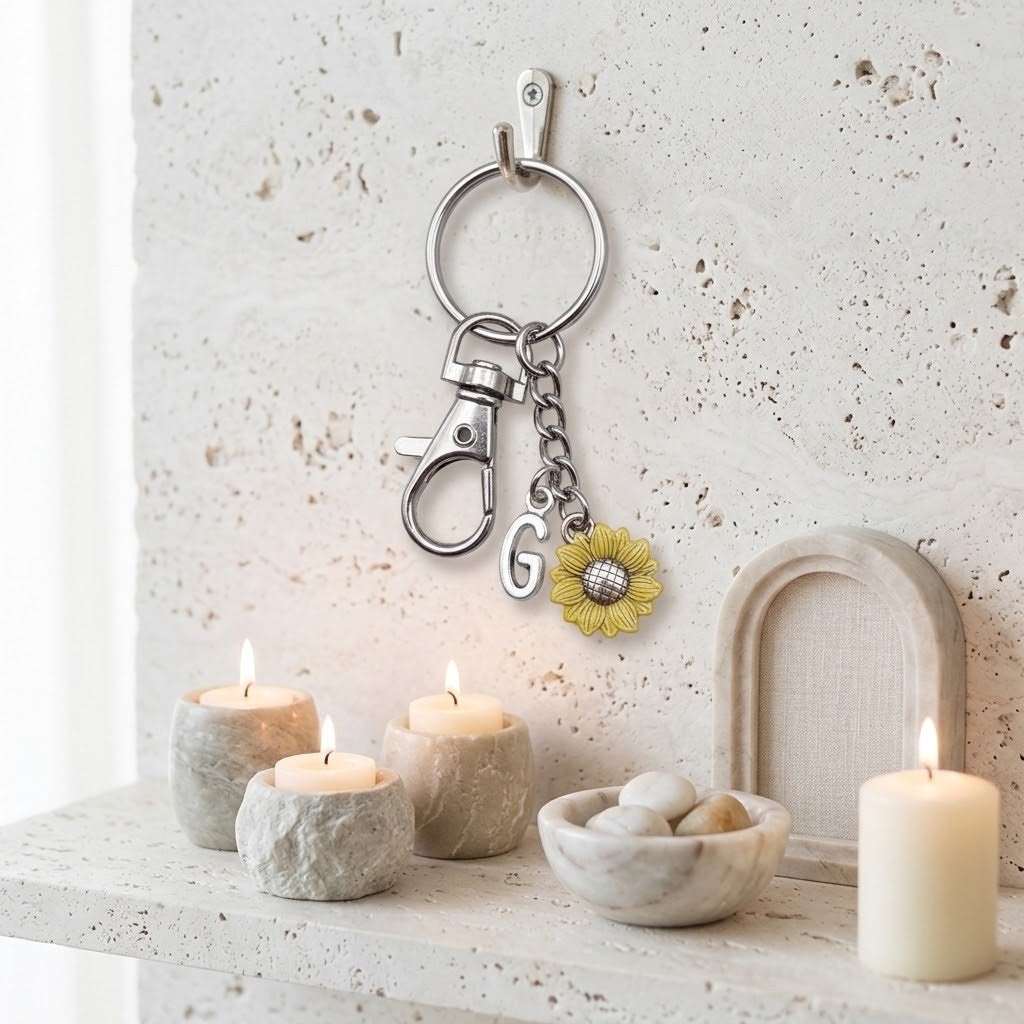 A silver metal keychain with a lobster clasp, a hanging chain, a letter G charm, and a yellow sunflower charm, displayed on a textured wall above a shelf with lit candles and decorative bowls.