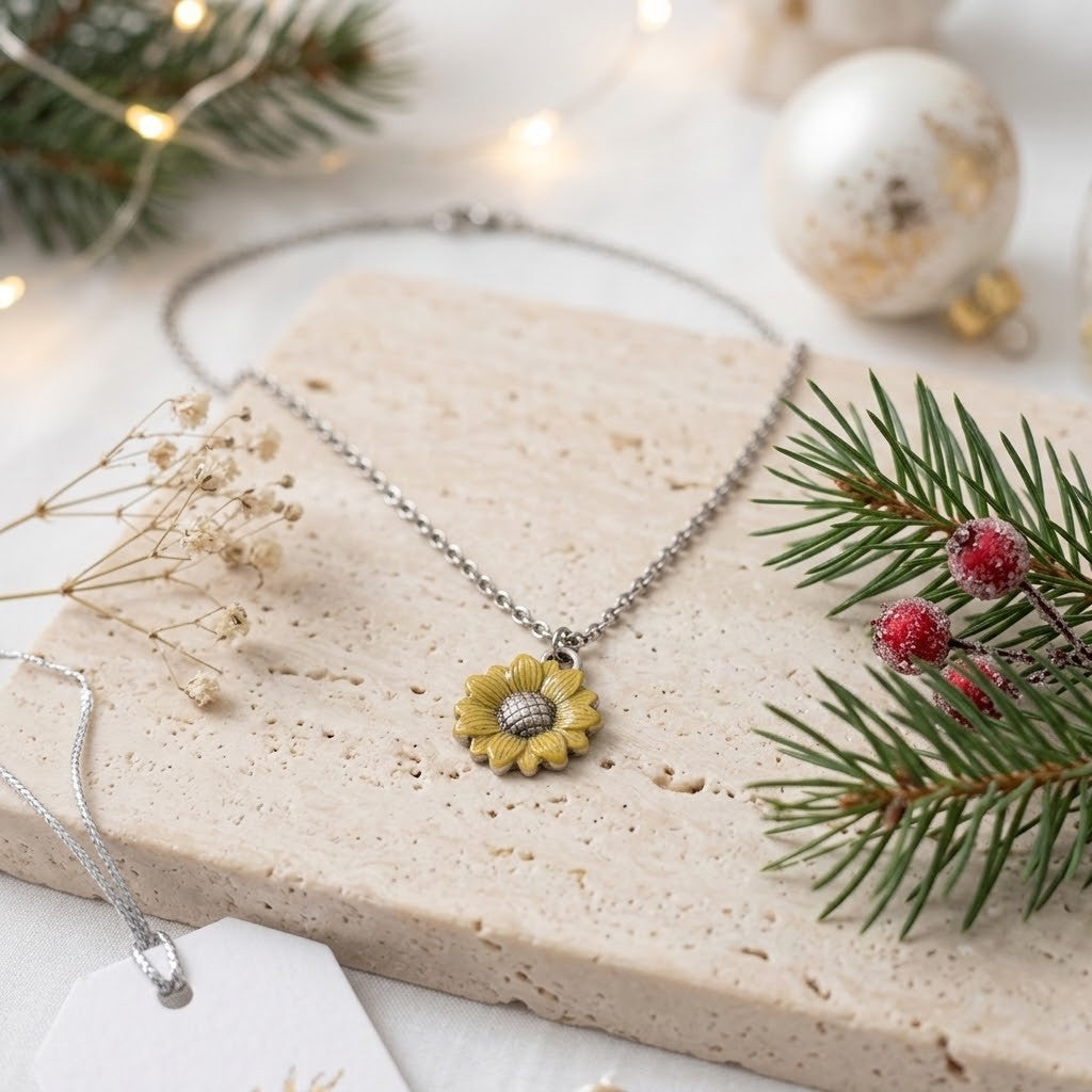 A delicate silver chain necklace with a yellow flower pendant featuring a textured silver centre, styled on a beige stone slab with pine branches, dried flowers, and warm fairy lights.