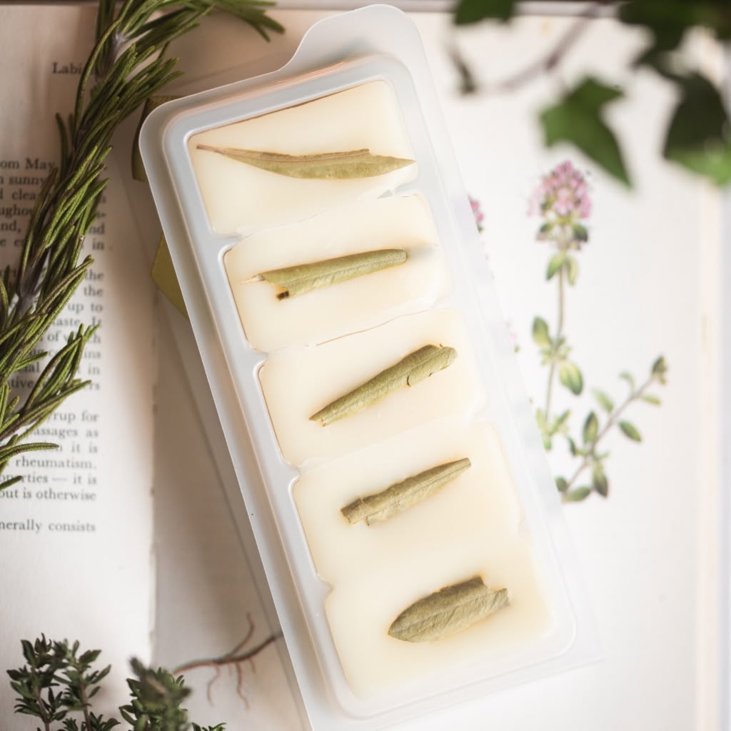 A clear plastic five-cell wax melt mold filled with creamy off-white wax and each cell contains a dried green herb leaf, photographed on an open book with botanical illustrations and greenery around it.