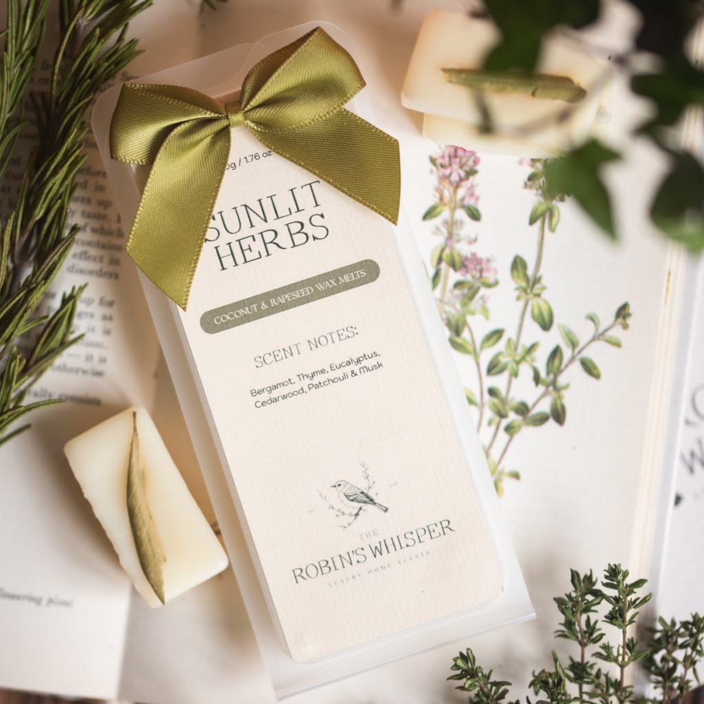 A packaged wax art bar from Sunlit Herbs by Robin's Whisper, wrapped in cream paper with a large olive green satin bow, styled on a book with botanical illustrations and fresh herbs.