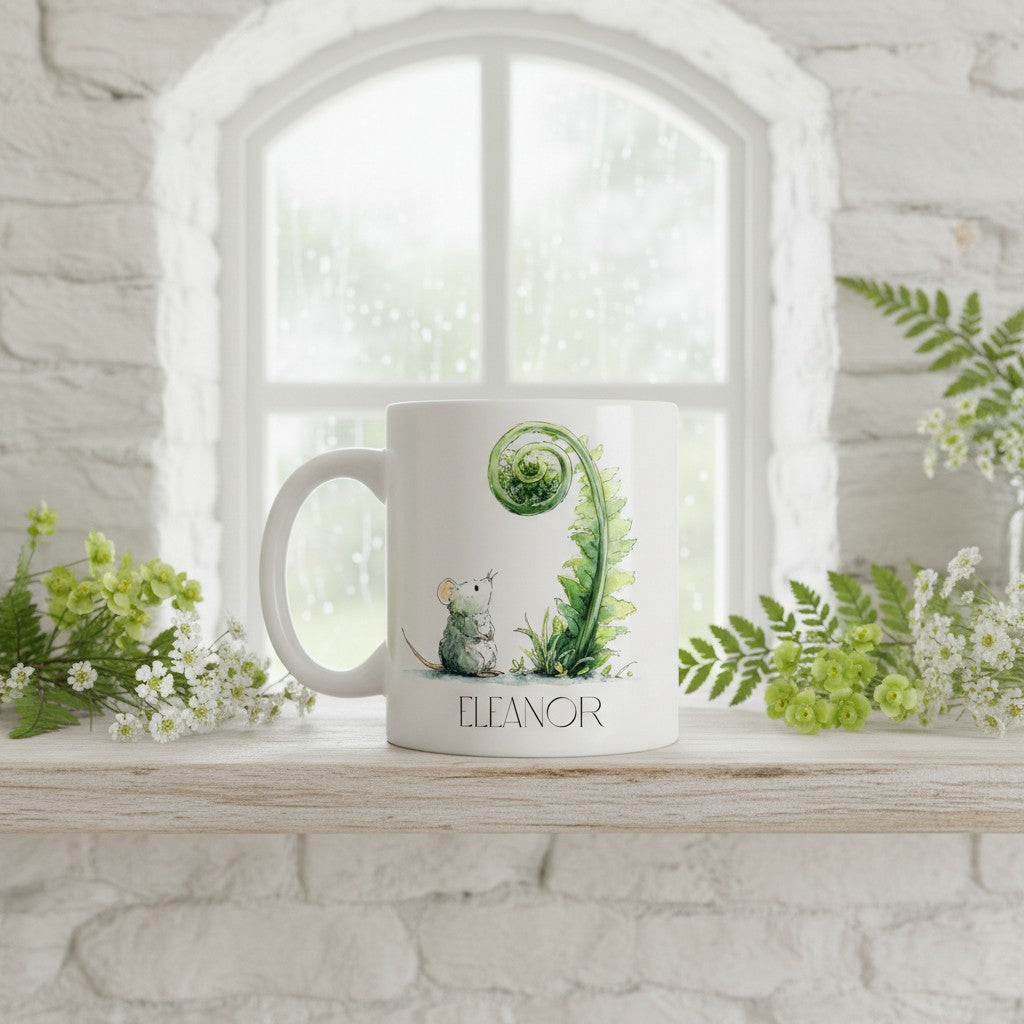 White mug with nature-themed mouse design and 'Eleanor' text on a windowsill with plants.