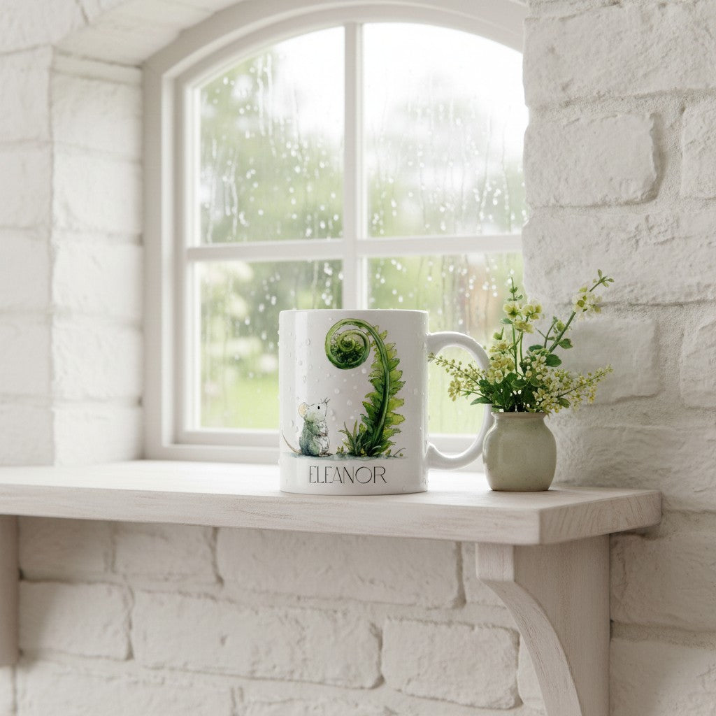 Mug with a mouse design and 'Eleanor' text on a windowsill with a small plant, all against a white brick wall.