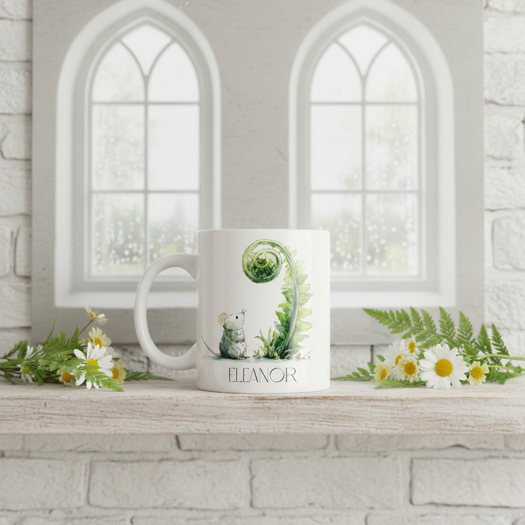 Mug with a mouse design and name 'Eleanor' on a wooden surface with flowers and windows in the background.