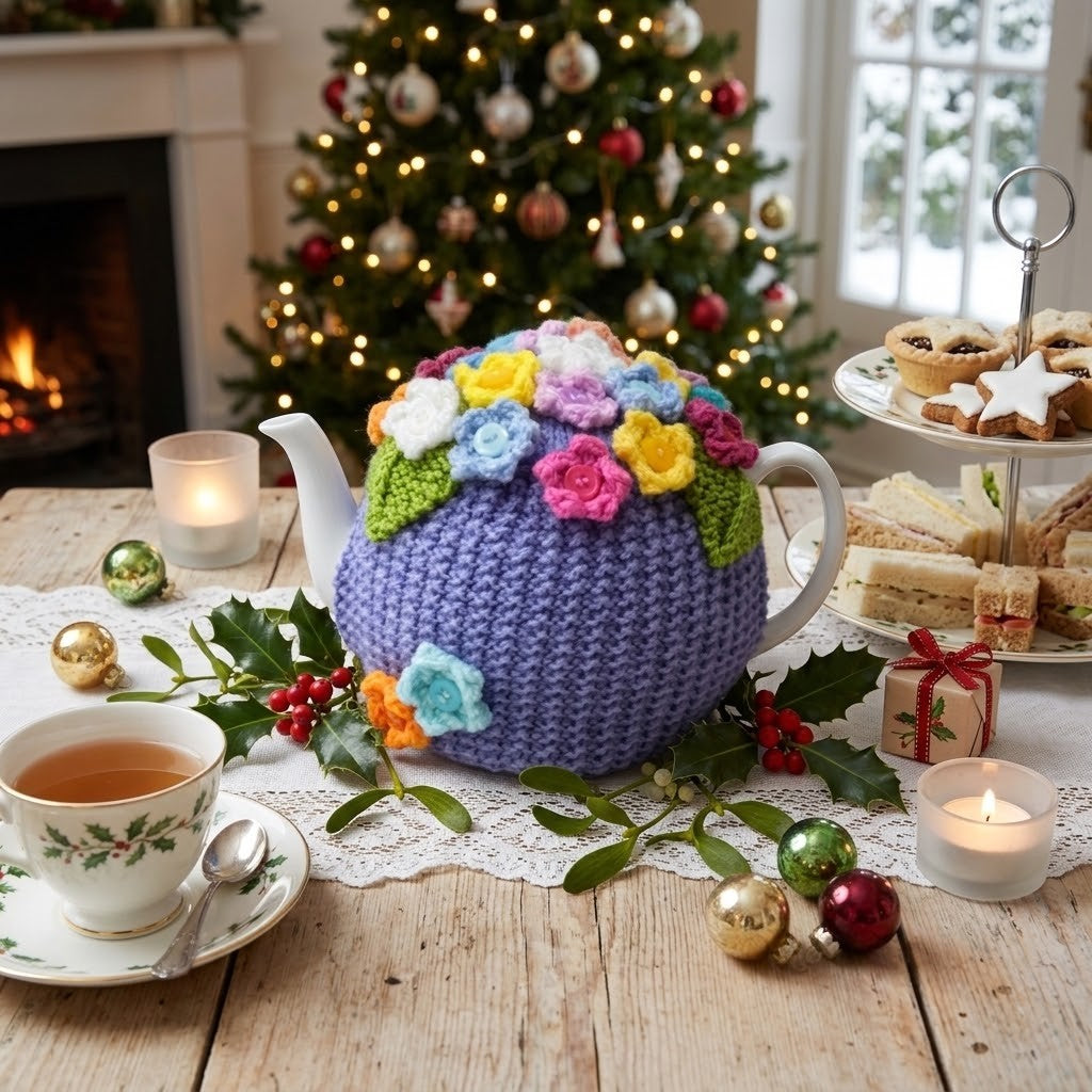 A purple crocheted teapot cover decorated with colourful floral motifs sits on a wooden table in a cosy holiday setting, surrounded by tea, sandwiches, candles, ornaments, and a Christmas tree in the background.