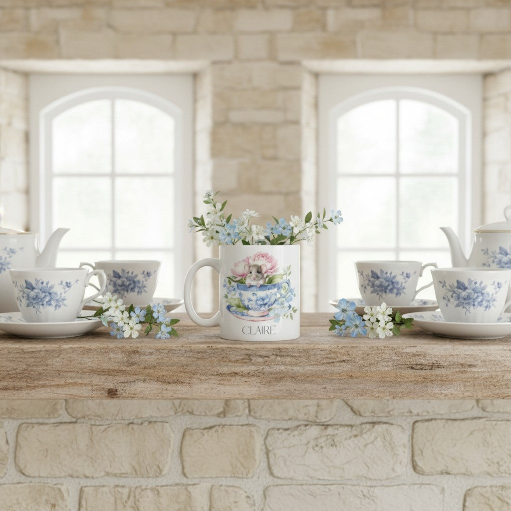 Teacups and mugs with floral designs on a wooden surface against a stone wall.