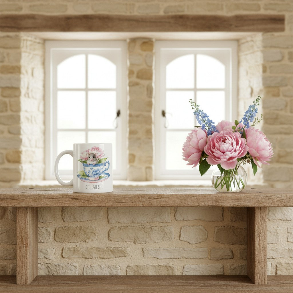 Mug with mouse floral design and text on a wooden table in front of a stone wall and window.