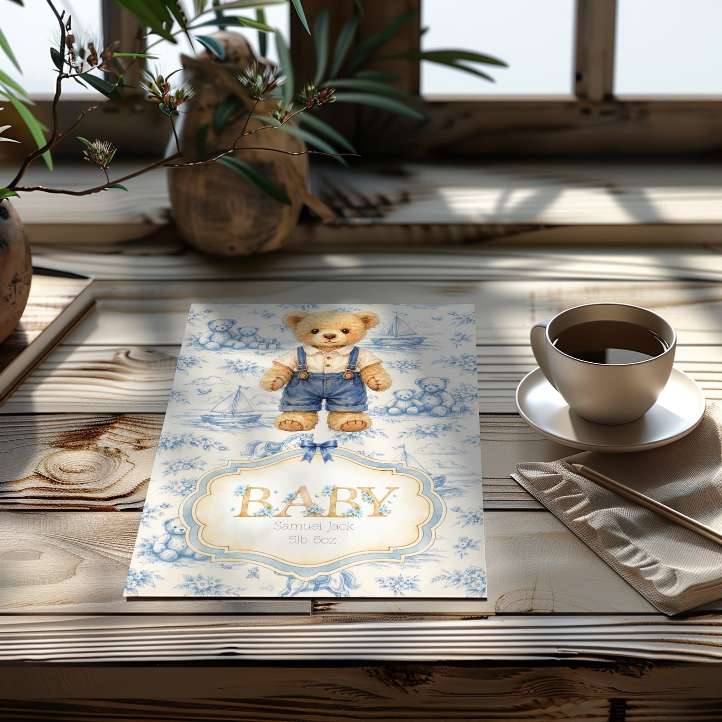 Personalised Newborn Baby Boy Card - Cute Bear Design