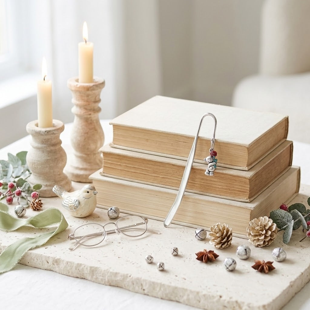 A silver metal bookmark with a small teddy bear charm hangs from a stack of vintage-style books on a stone tray, styled with candles, glasses, pinecones, and eucalyptus leaves.