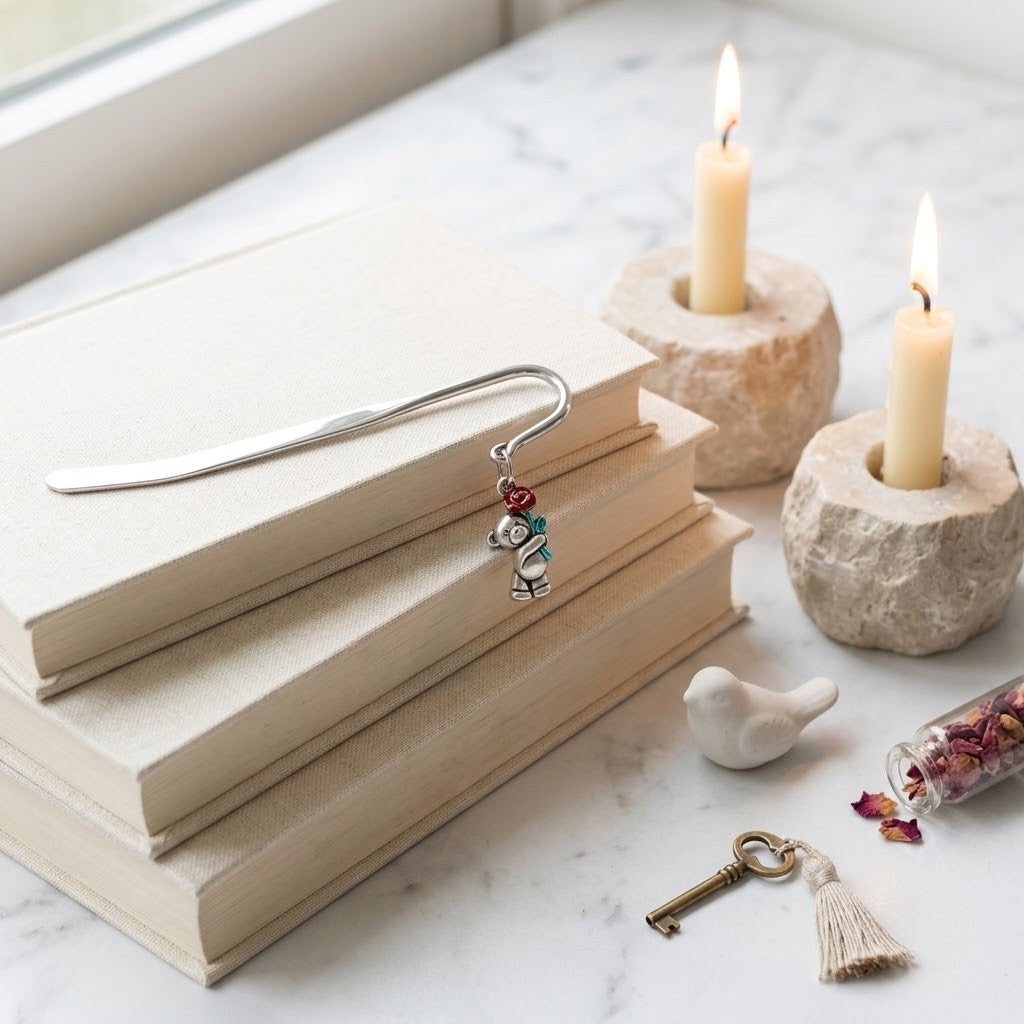 A silver metal bookmark with a small teddy holding a red and blue heart, resting on a stack of beige books on a marble surface. The scene includes two lit candles in stone holders, a small white bird figurine, a vintage-style key, and a glass vial with dried petals.