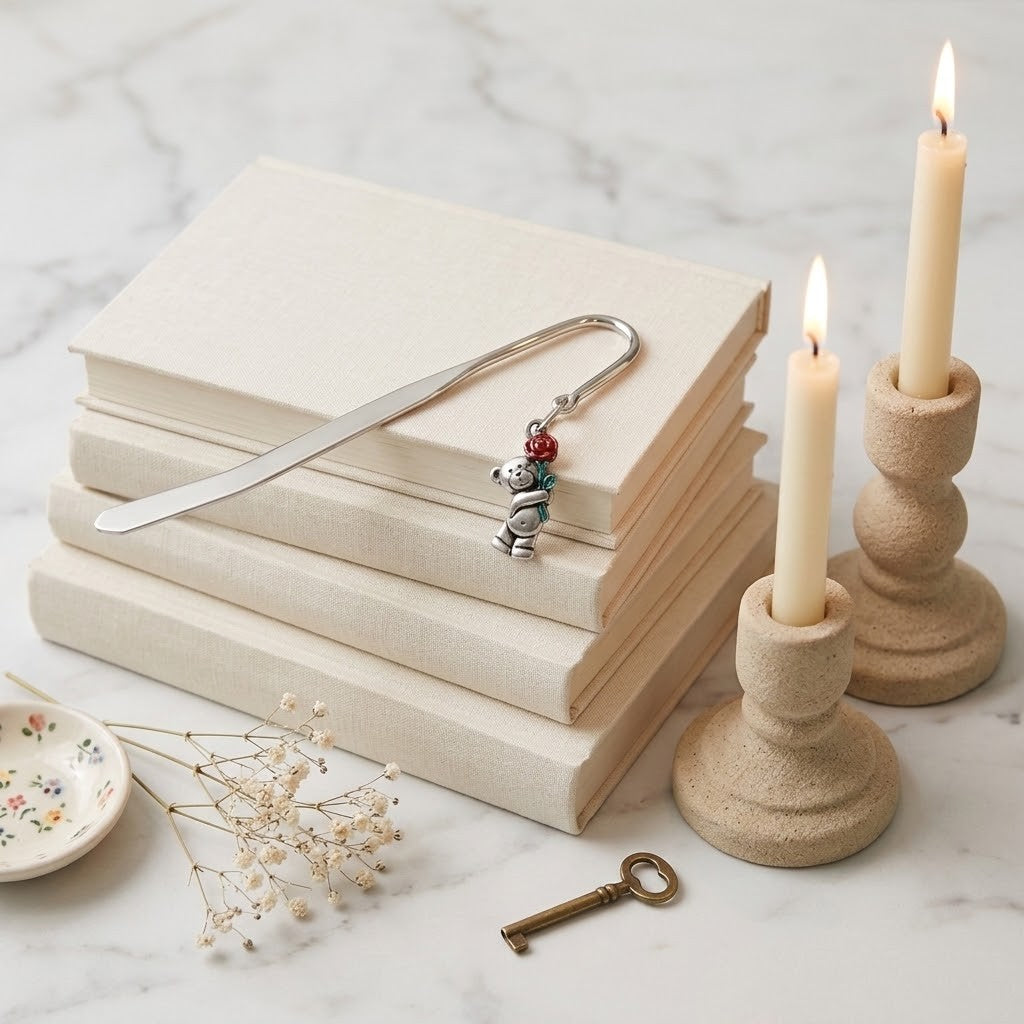 A silver metal bookmark shaped like a small bear holding a red and green berry, resting on a stack of cream-coloured books. The scene is styled with two lit cream candles in rustic holders, dried baby's breath, a small floral dish, and a vintage key on a white marble surface.