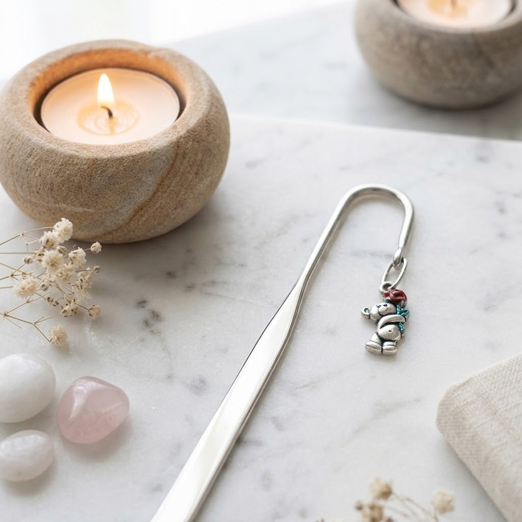 A silver metal bookmark shaped like a small snowman with colourful red, blue, and green accents, resting on a white marble surface next to a lit candle holder and dried flowers.